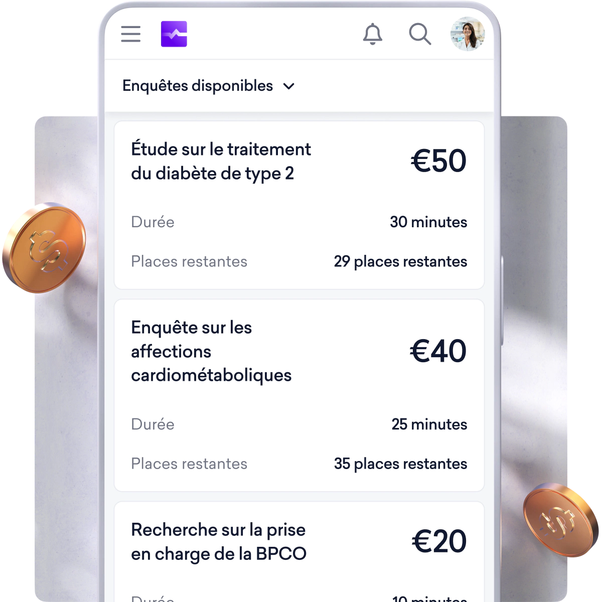 Un écran mobile affiche les enquêtes disponibles en français, avec leurs sujets, les montants des paiements, les durées et les places restantes.
