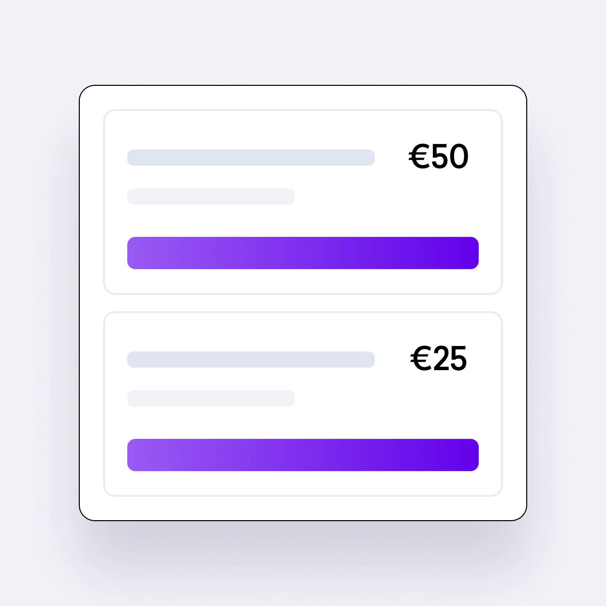 Eine digitale Schnittstelle zeigt zwei Karten mit verschwommenem Text und violetten Fortschrittsbalken an, die jeweils Beträge von 50 € und 25 € auf der rechten Seite anzeigen - perfekt, um das Einkommen auf einen Blick zu verfolgen.