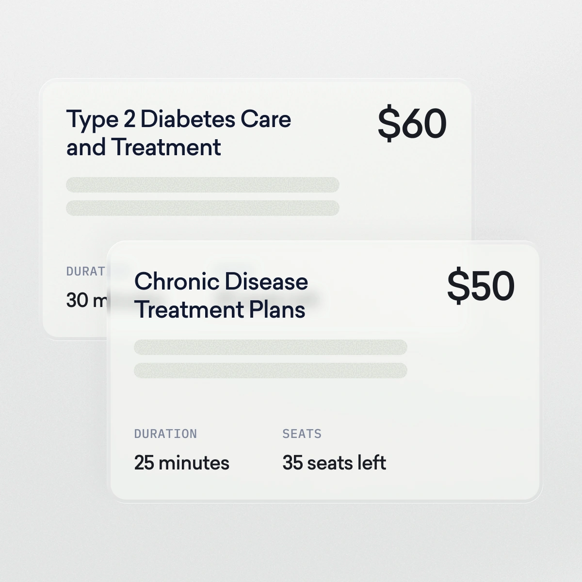 Two price cards display "Type 2 Diabetes Care and Treatment" for $60 and "Chronic Disease Treatment Plans" for $50 with session durations and available seats noted.