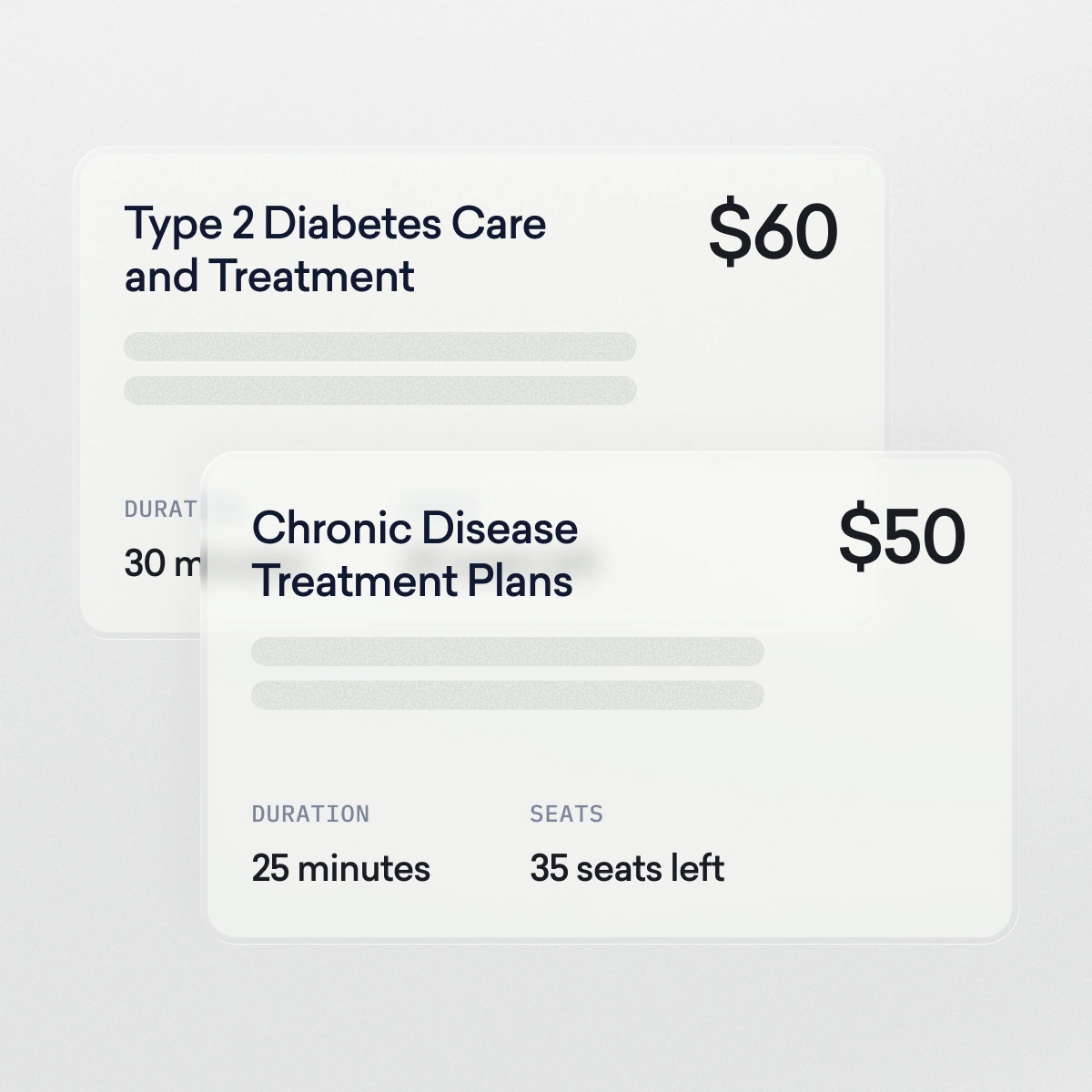 Two informational cards show medical care options: “Type 2 Diabetes Care and Treatment” for $60 (30-minute duration) and “Chronic Disease Treatment Plans” for $50 (25 minutes, 35 seats left).