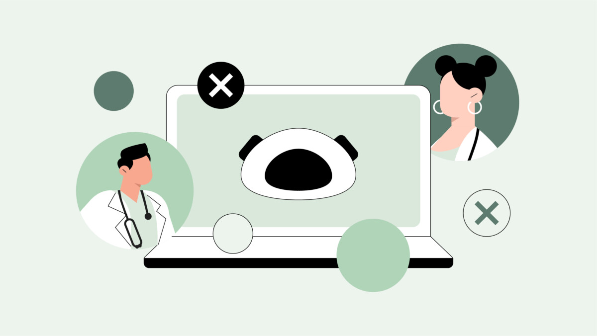 Illustration of a laptop displaying a medical mask, with two ai doctors and crossed-out icons around it, symbolizing restrictions or limitations in online healthcare.