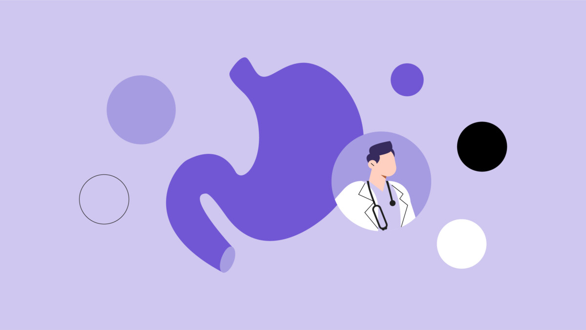 Illustration of a stomach with abstract circles, plus an icon of a doctor in a white coat and stethoscope, symbolizing gastroenterologist side gigs, set against a vibrant purple background.