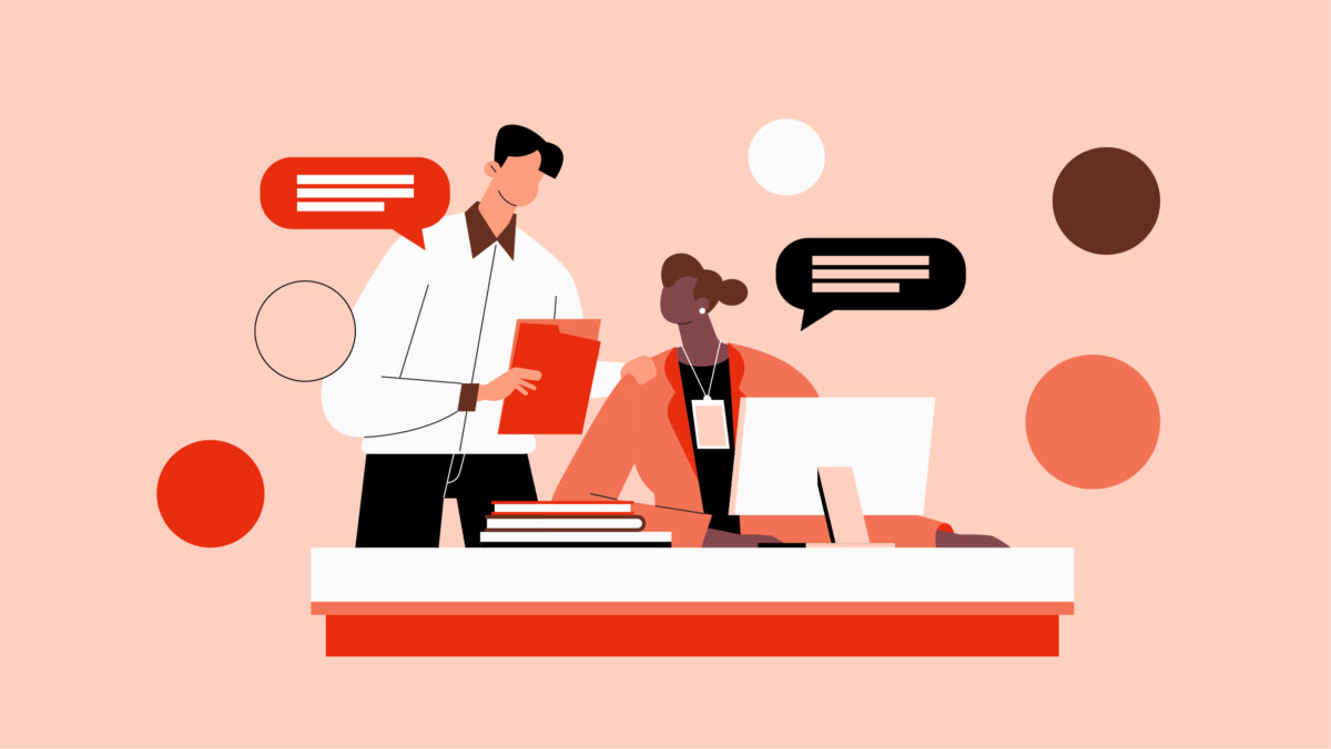 Two people in an office setting discuss hr in healthcare; one stands holding a clipboard, while the other sits at a desk with a computer and books. Speech bubbles illustrate their conversation.