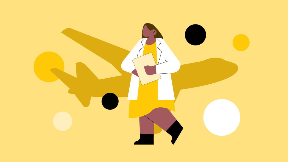 Illustration of a person in a lab coat holding a folder, standing in front of an airplane silhouette with abstract circles—representing the journey of international locum tenens professionals.