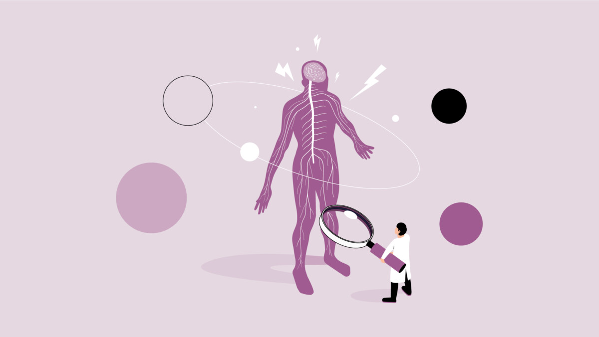 A neurologist explores a large illustration of the human nervous system with a magnifying glass, surrounded by abstract circles—reflecting the curiosity that inspires many neurologist side gigs—all set against a light purple background.