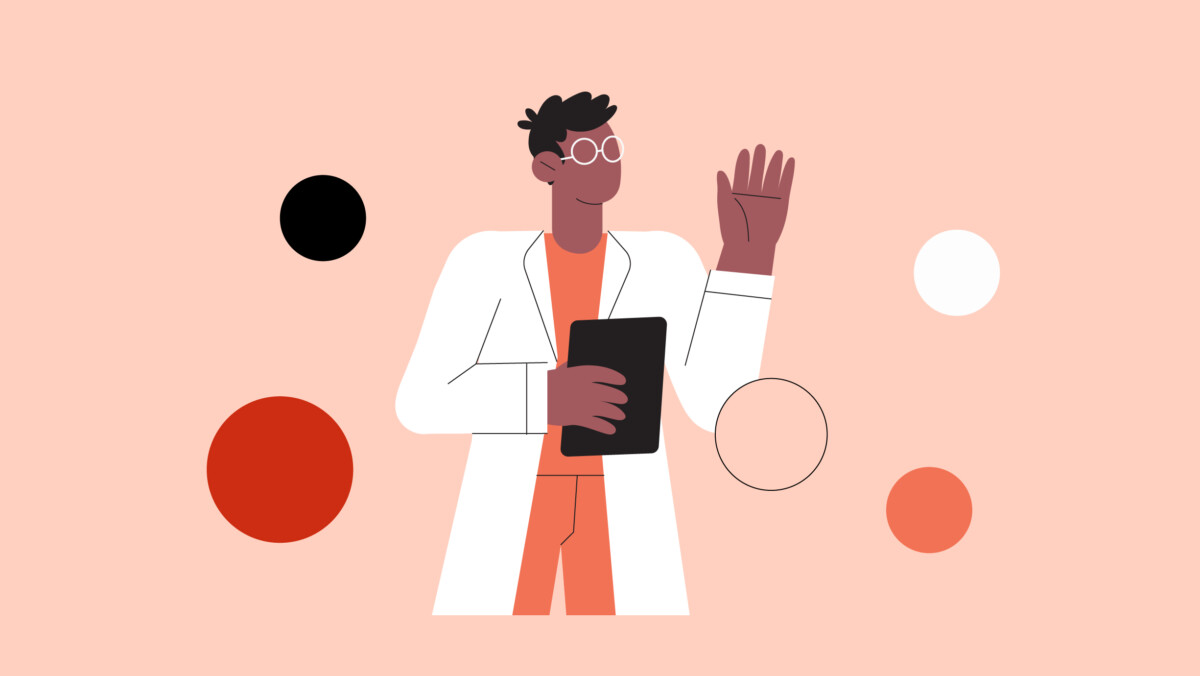 Illustration of a person in a white coat holding a clipboard and raising one hand, with colored circles in the background—perfect for highlighting resident side gigs opportunities.
