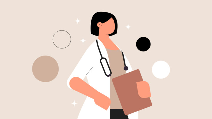 Illustration of a physician executive in a white lab coat and stethoscope, holding a clipboard, with abstract circular shapes in the background.