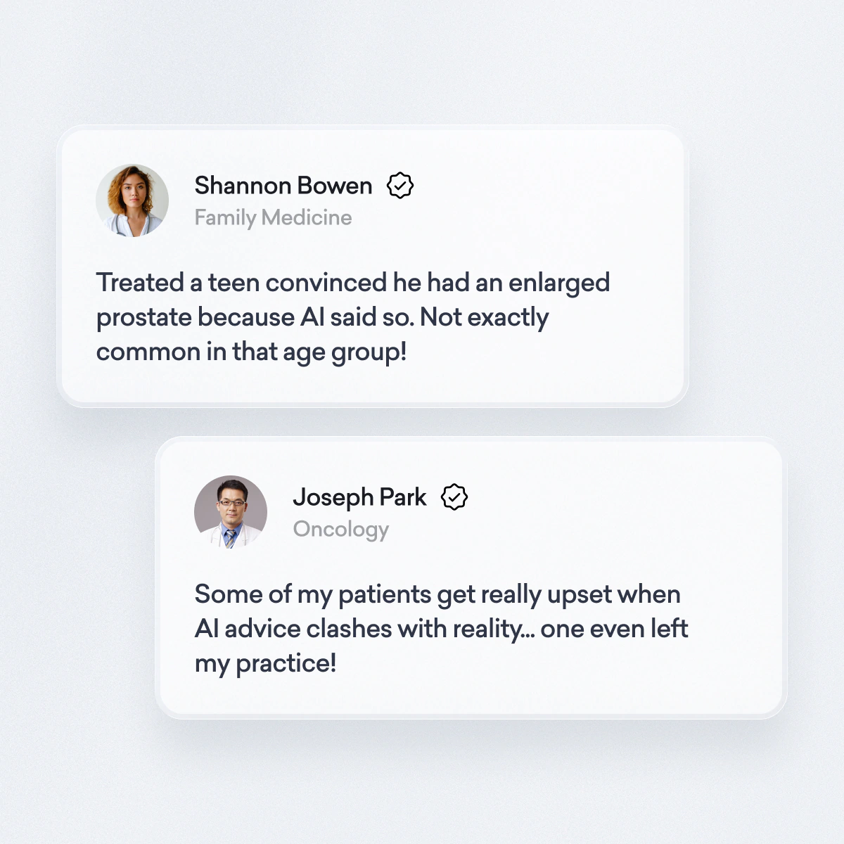 Two doctors share experiences about patients misinformed by AI; one mentions a teen fearing prostate issues, another notes a patient leaving after AI advice conflicted with medical expertise.