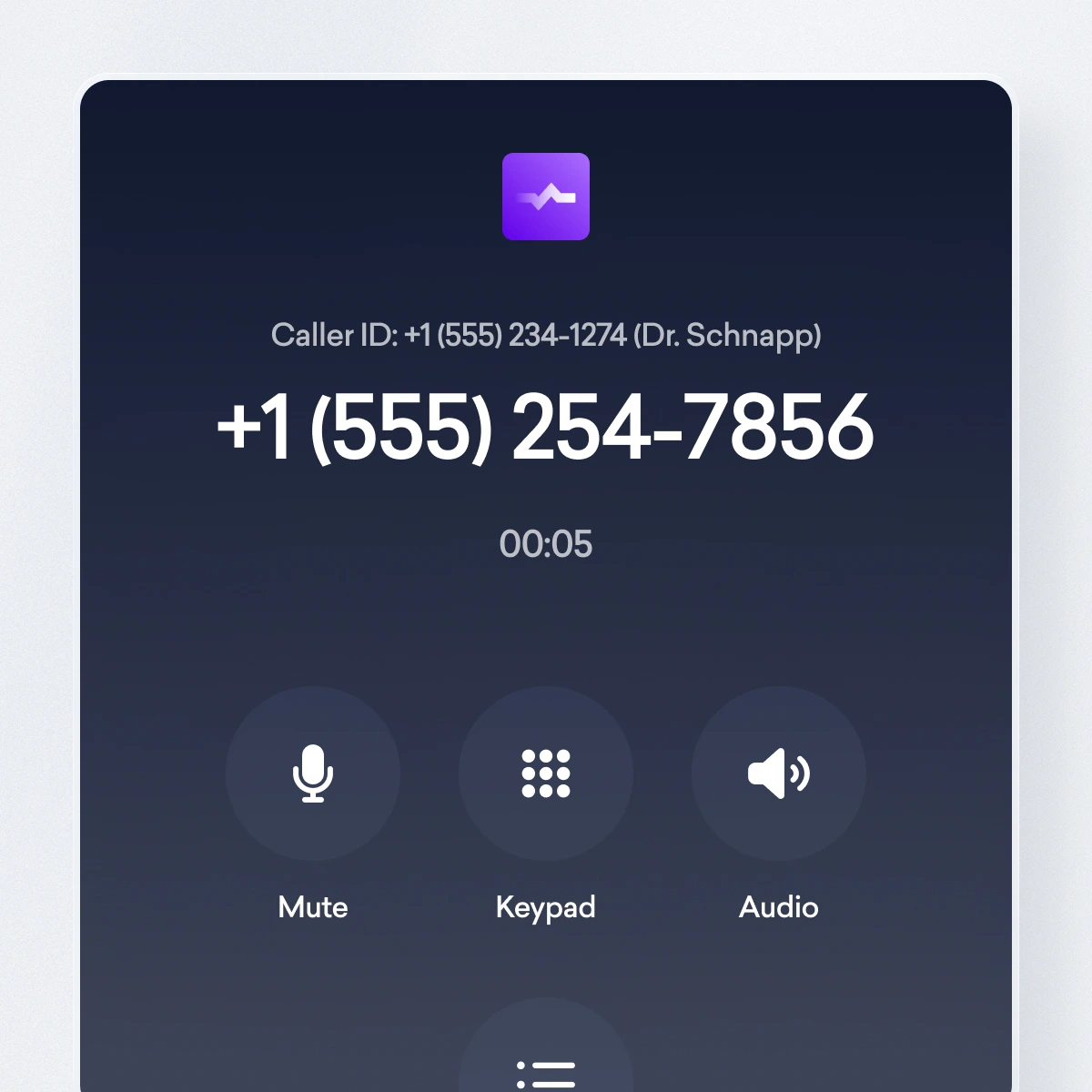 A phone call screen displays an incoming call from +1 (555) 254-7856 with caller ID Dr. Schnapp. Call duration is 5 seconds. Mute, Keypad, and Audio options are visible.