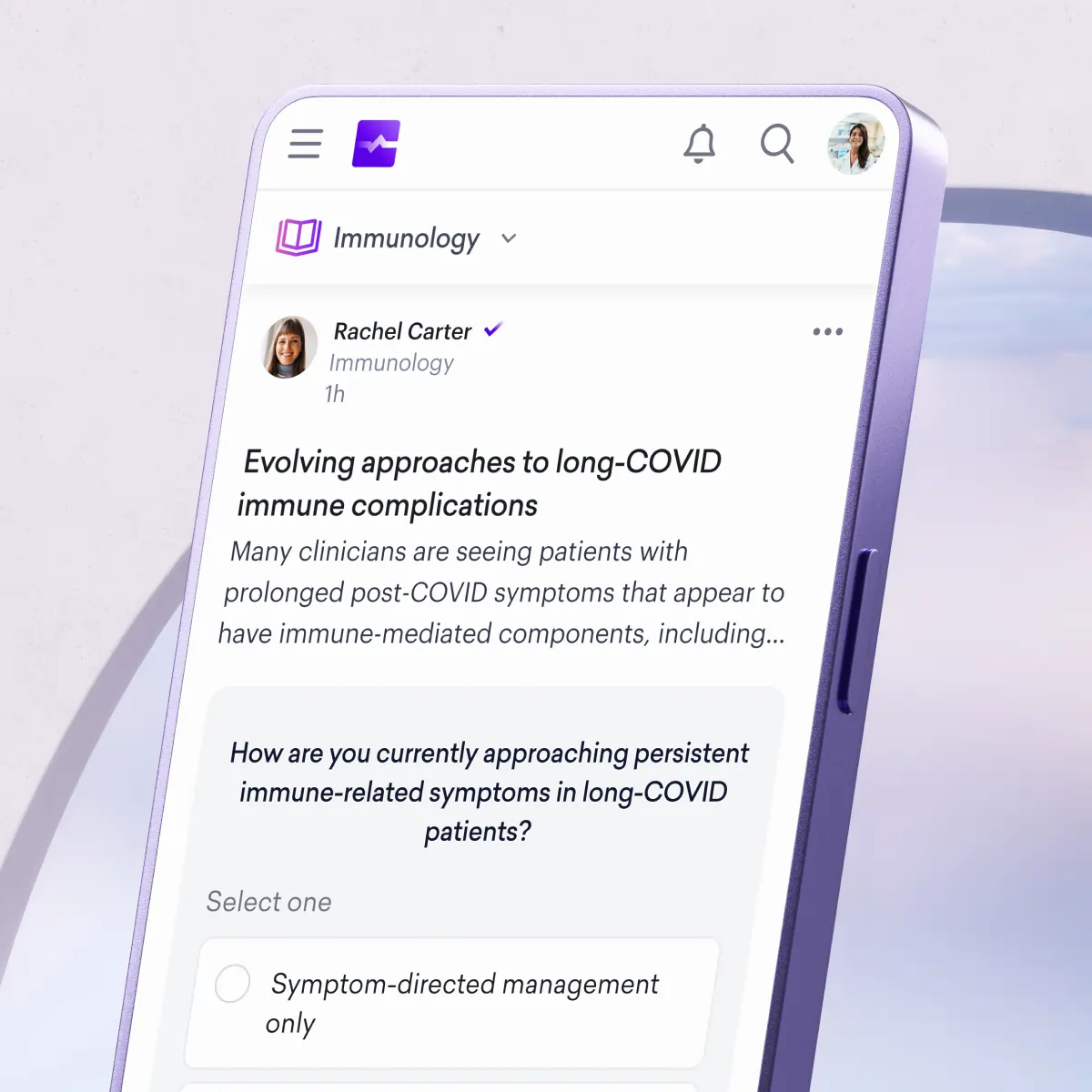A smartphone screen displays a medical poll about managing immune-related symptoms in long-COVID patients, with options for symptom-directed management or input from various medical specialities.