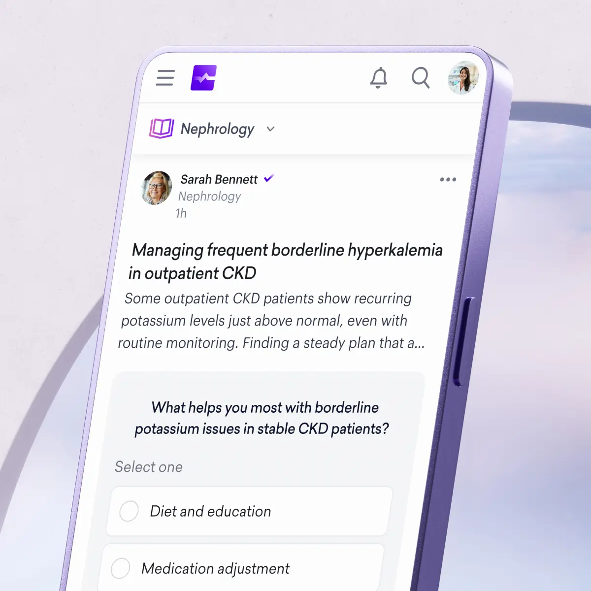 A smartphone screen displays a medical app featuring content from various medical specialities, highlighting a nephrology discussion on managing borderline hyperkalemia in outpatient CKD and including a poll on helpful interventions.