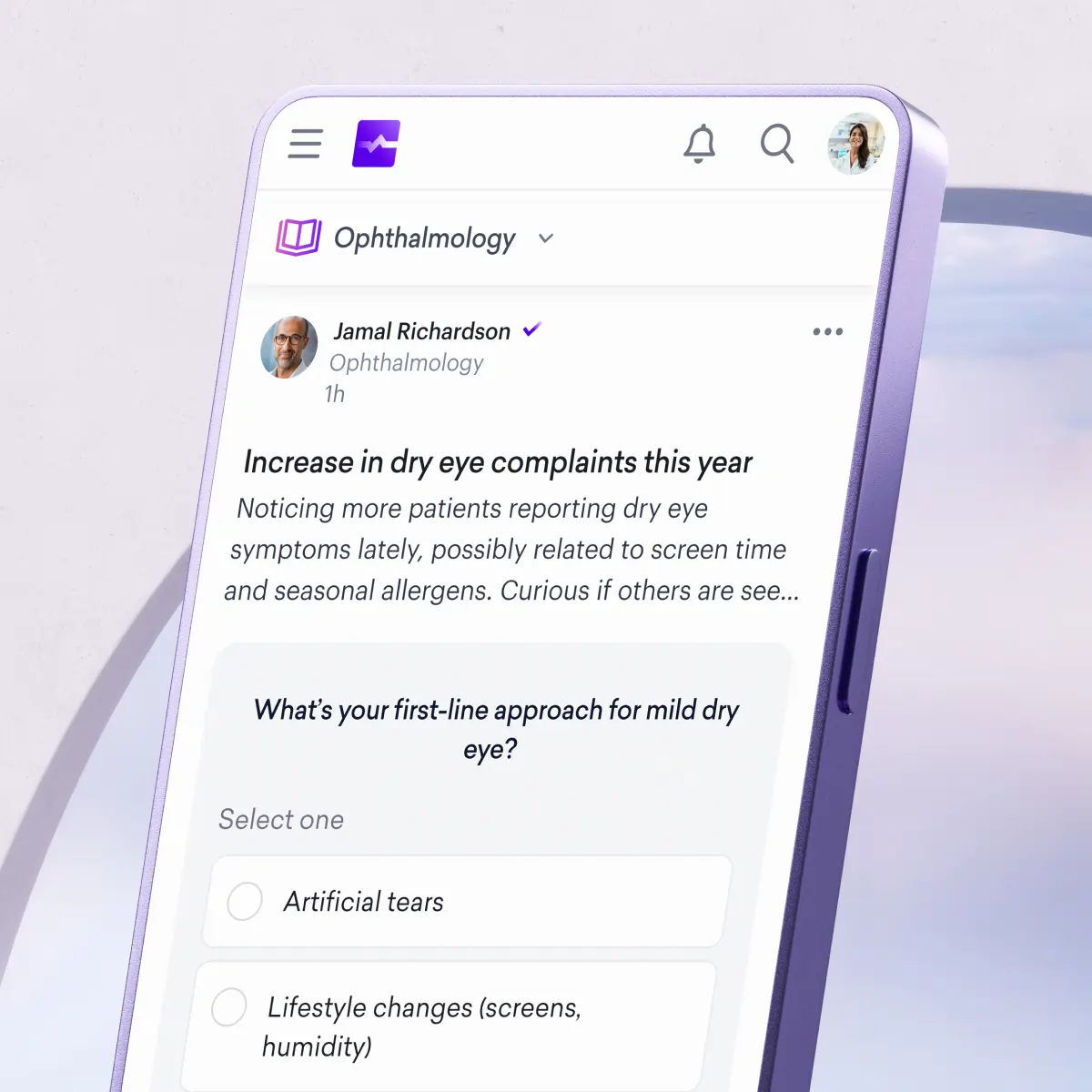 A smartphone screen displays a medical app showing a post about increased dry eye complaints across various medical specialities, with a poll asking for preferred approaches to mild dry eye.
