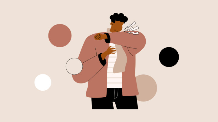 Illustration of a person coughing or sneezing into their elbow, with abstract colored circles in the background—highlighting post-infectious cough management for a cough lasting 8 weeks.