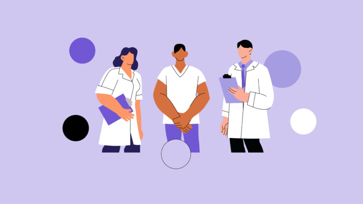 Illustration of three healthcare professionals standing together, two holding clipboards, all in white coats with colored circles in the background, highlighting how fellowships can bring talented teams together and why fellowships are worth it.