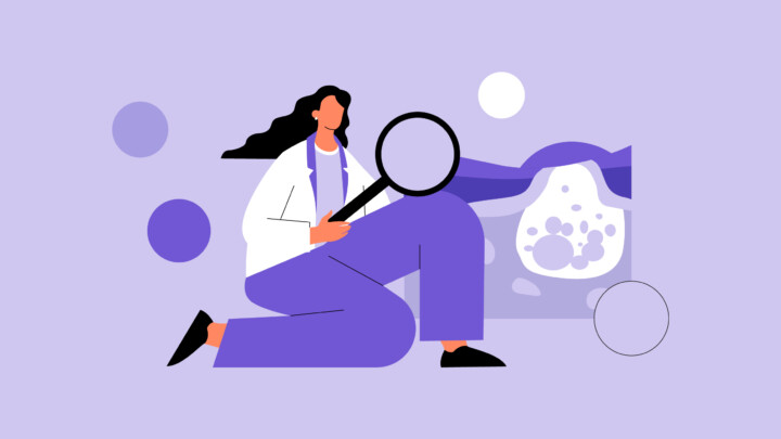 Illustration of a person in a lab coat kneeling and examining a sample with a magnifying glass, highlighting dermatologist expertise against a light purple background.