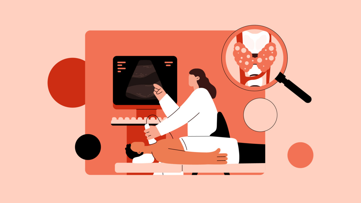 An endocrinologist performs a thyroid ultrasound on a patient while a magnified illustration of the thyroid gland is shown nearby, highlighting skills that can benefit those exploring endocrinologist side gigs.