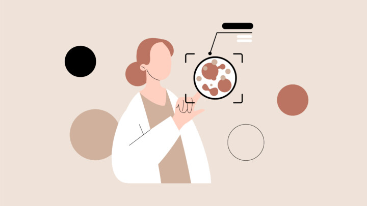 Illustration of a person in a lab coat pointing at a magnified view of cells or bacteria, with abstract circles in the background—ideal for discussions about alternative careers for immunologists.