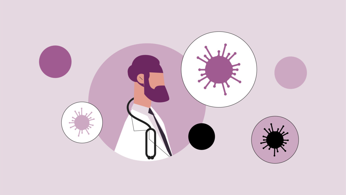Illustration of an infectious disease physician with a stethoscope surrounded by virus icons, representing medical care and infectious disease careers.