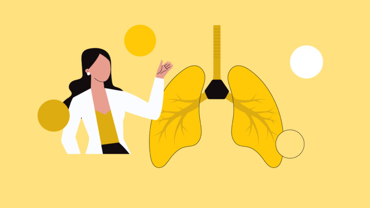 Illustration of a woman in a white coat pointing to a diagram of yellow lungs, set against a yellow background with decorative circles—an inspiring nod to pulmonologist alternative careers.