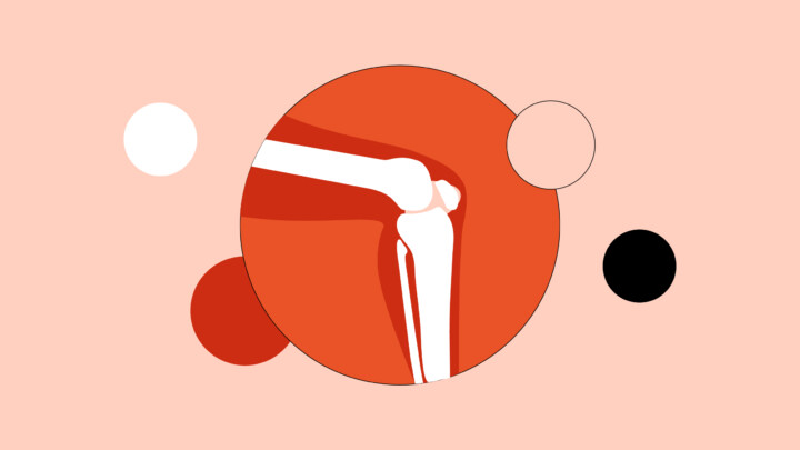 Illustration of a human knee joint in white within a red circle, surrounded by four colored circles on a peach background—ideal for rheumatologists exploring alternative career paths in 2026.