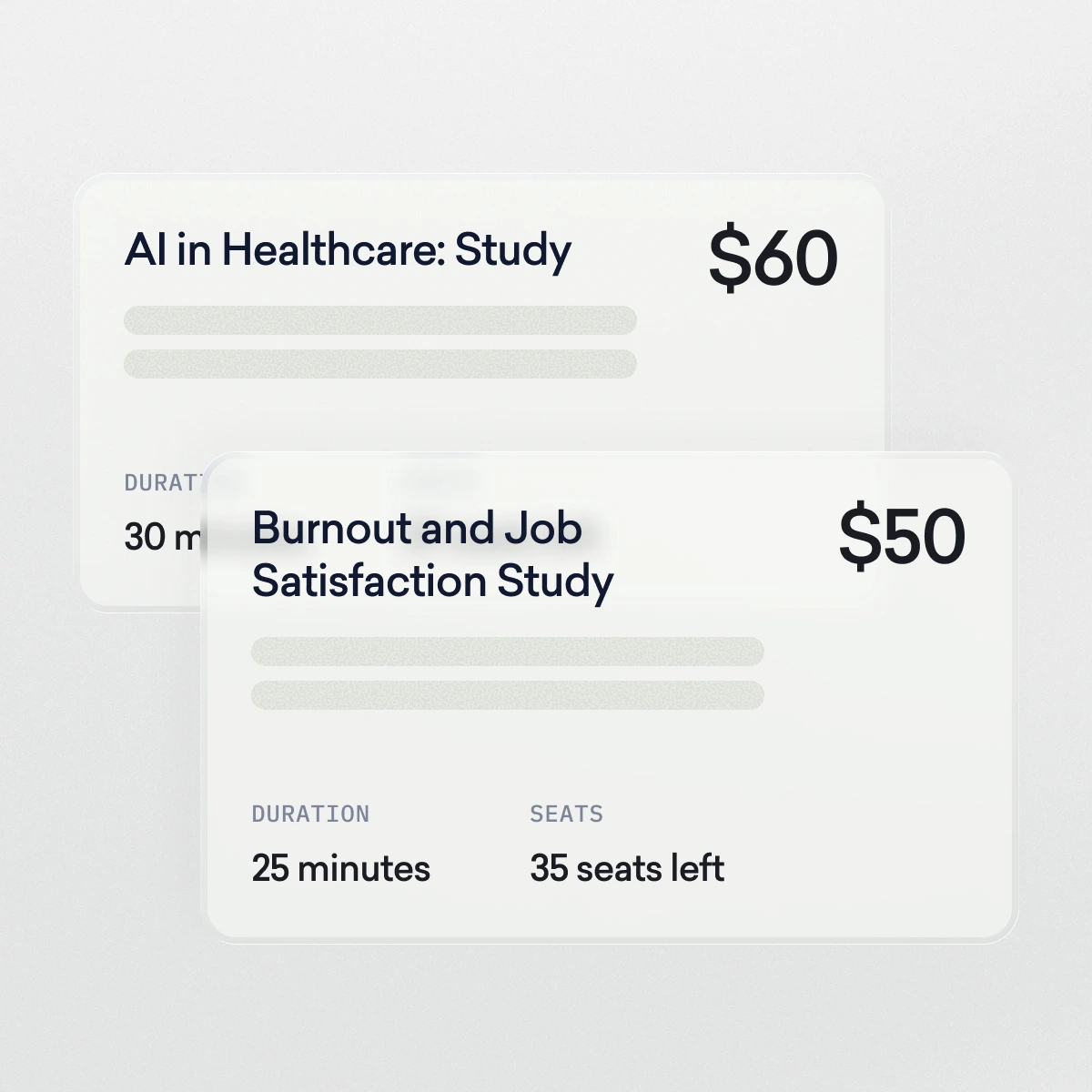 Two study cards display the titles, "AI in Healthcare: Study"—including infectious disease insights—for $60 and "Burnout and Job Satisfaction Study" for $50, with details on duration and available seats.