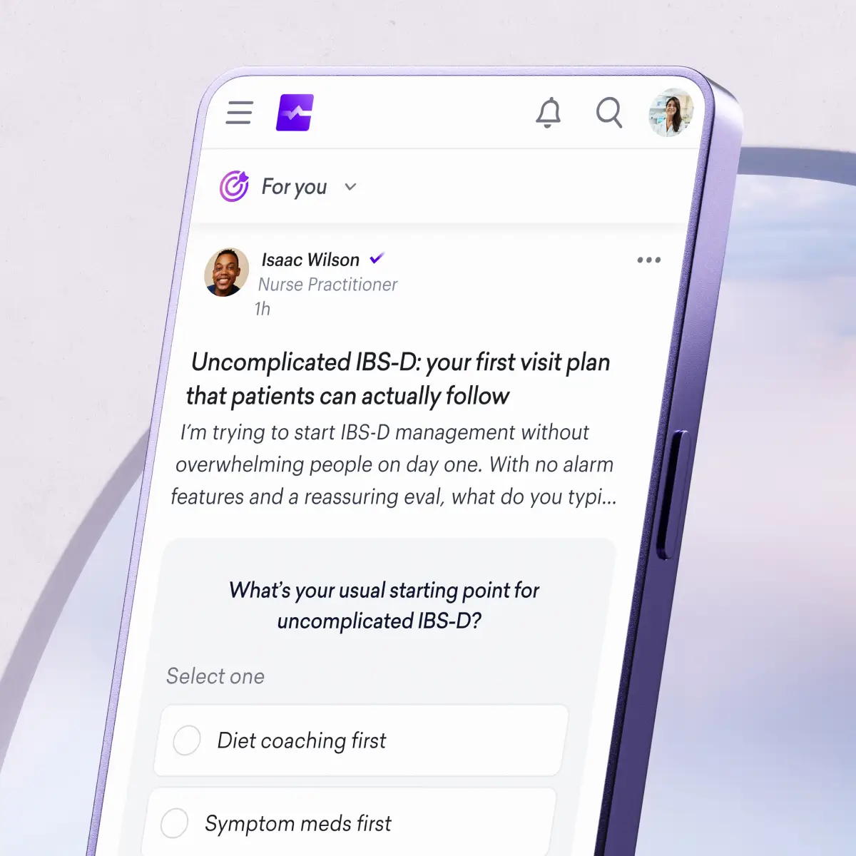 A smartphone screen displays a medical app featuring a nurse practitioner's post about an uncomplicated IBS-D visit plan, highlighting options for starting points and a brief introduction to relevant medical specialities.