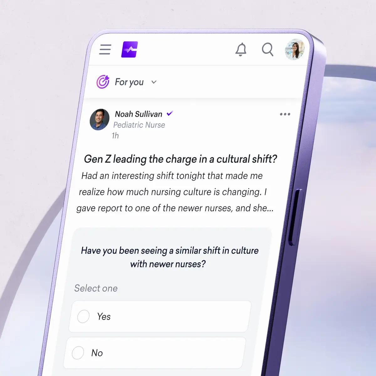 A smartphone displays a social media post by a pediatric nurse asking if Gen Z is changing nursing culture within medical specialities, featuring a poll with "Yes" or "No" options.