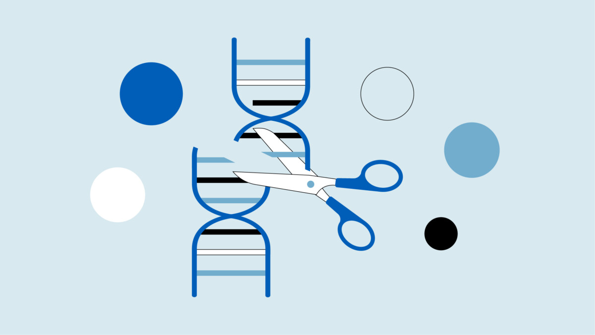 Illustrazione di forbici che tagliano una doppia elica di DNA, simbolo dell'editing genetico CRISPR, con cerchi colorati sullo sfondo.