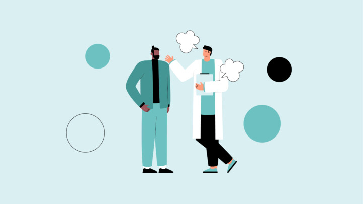 Illustration of a doctor talking to a patient, both standing and engaged in conversation, with abstract circles in the background—highlighting how addressing a disruptive physician can impact patient interactions.