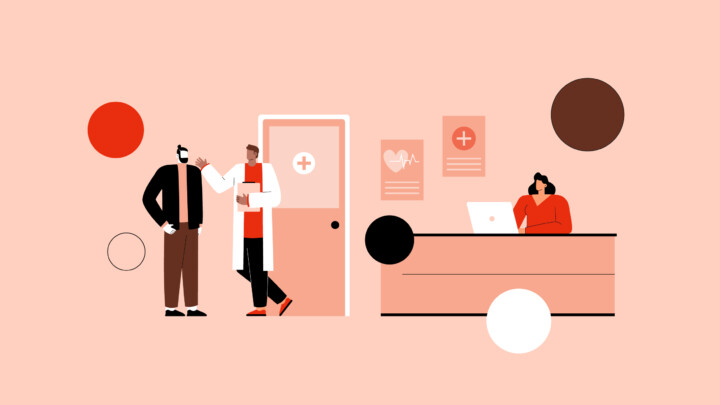 Illustration of a doctor speaking with a patient near a door, while a receptionist at a desk manages tasks—perfect for healthcare startups seeking modern medical office visuals. Medical posters decorate the wall, adding an authentic touch.