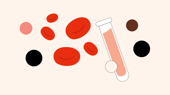 Illustration of red blood cells, black and brown circles, and a test tube containing a pink liquid on a light background—ideal for articles about hematologist side gigs.