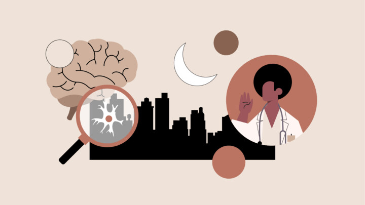 Illustration of a city skyline with a brain under a magnifying glass, a crescent moon, and a doctor raising a hand—capturing the concept of neurologist moonlighting—all depicted in neutral tones.