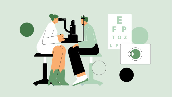 Illustration of an eye exam: an optometrist examines a patient’s eyes using equipment, with an eye chart and eye diagram in the background—an insightful look for those exploring ophthalmologist alternative careers.