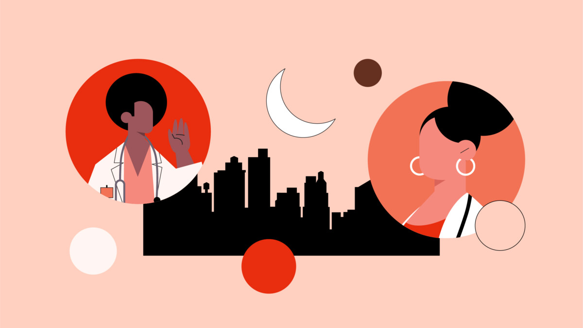 Illustration of two residents in medical coats on either side of a city skyline silhouette, with abstract circles and a crescent moon—capturing the pros and cons of medical moonlighting.