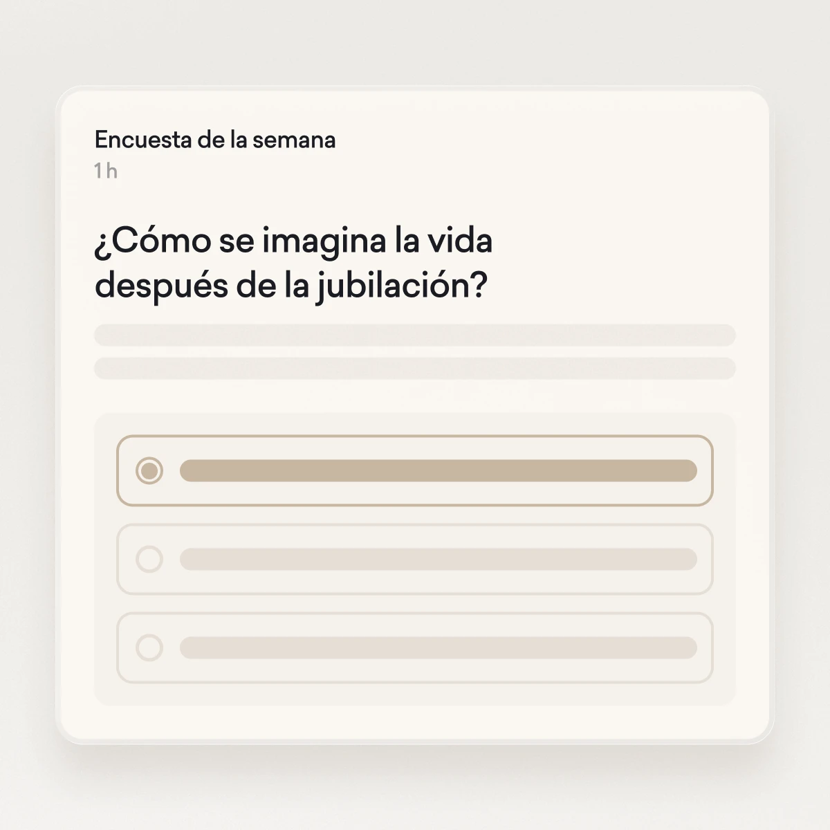 Una tarjeta de encuesta digital en español pregunta: "¿Cómo se imagina la vida después de la jubilación?", con opciones de respuesta múltiple a continuación.