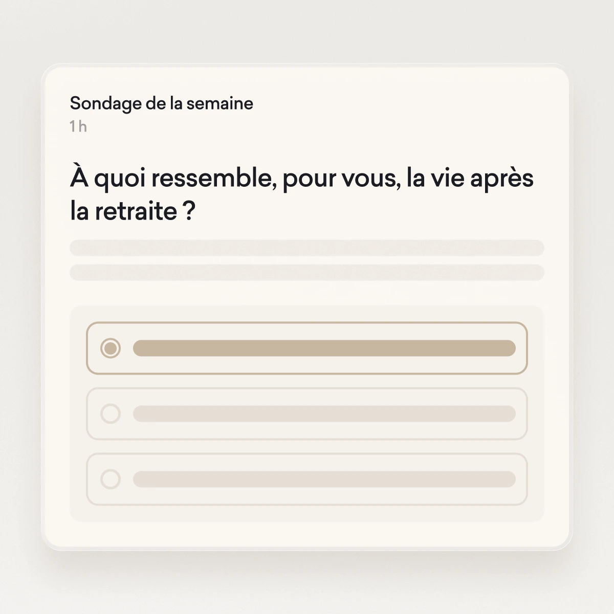 Une carte de sondage en français pose la question suivante : "À quoi ressemble, pour vous, la vie après la retraite ?", avec des options à choix multiples en dessous.