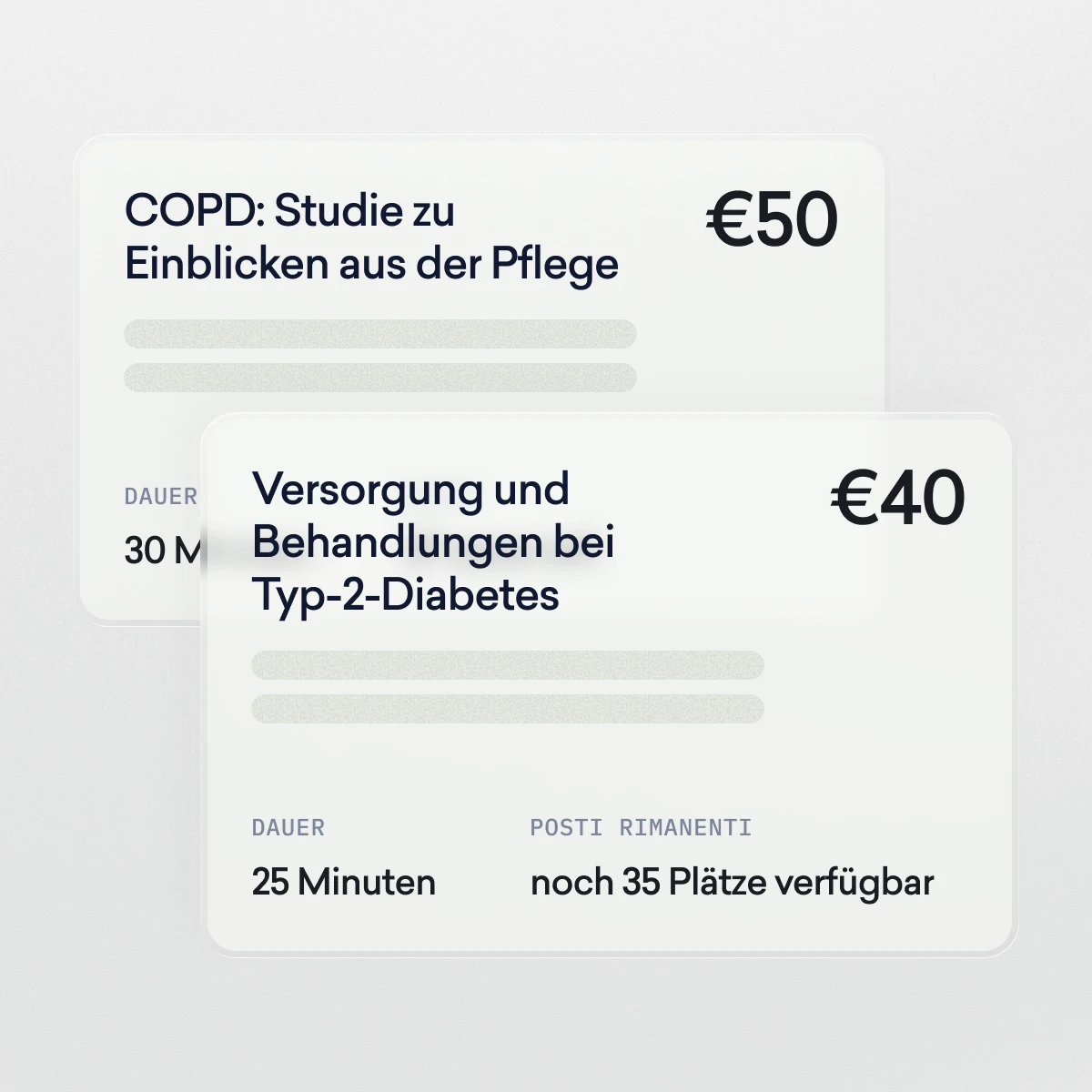 Zwei Informationskarten zeigen kostenpflichtige Studienangebote für Krankenschwestern: eine über COPD-Behandlungseinblicke (50 €, 30 min) und eine über Typ-2-Diabetes-Behandlungen (40 €, 25 min, 35 Plätze verfügbar), beide auf Deutsch.