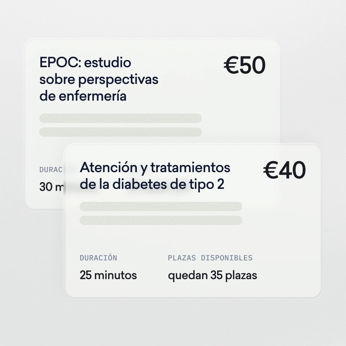Dos tarjetas rectangulares muestran las ofertas de estudio: una sobre las perspectivas de enfermería en la EPOC por 50 euros, 30 minutos; la otra sobre cuidados y tratamiento de la diabetes por 40 euros, 25 minutos, quedan 35 plazas.