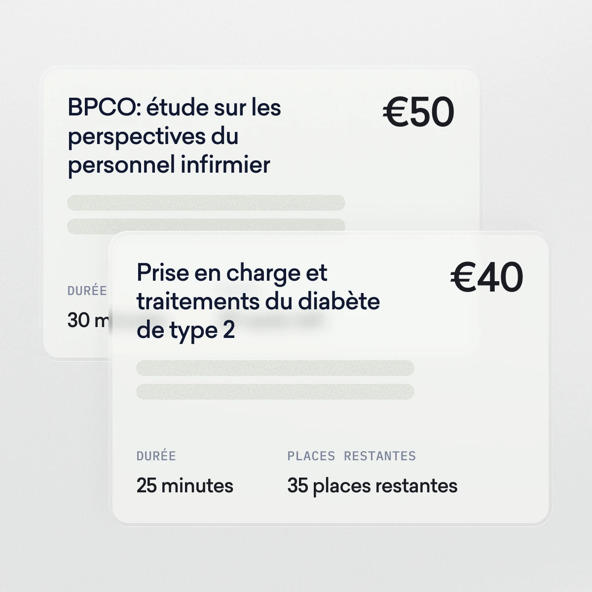 Deux cartes superposées affichent des informations sur les cours de médecine en français, y compris les titres des cours, les prix (50 € et 40 €), les durées et les places restantes.