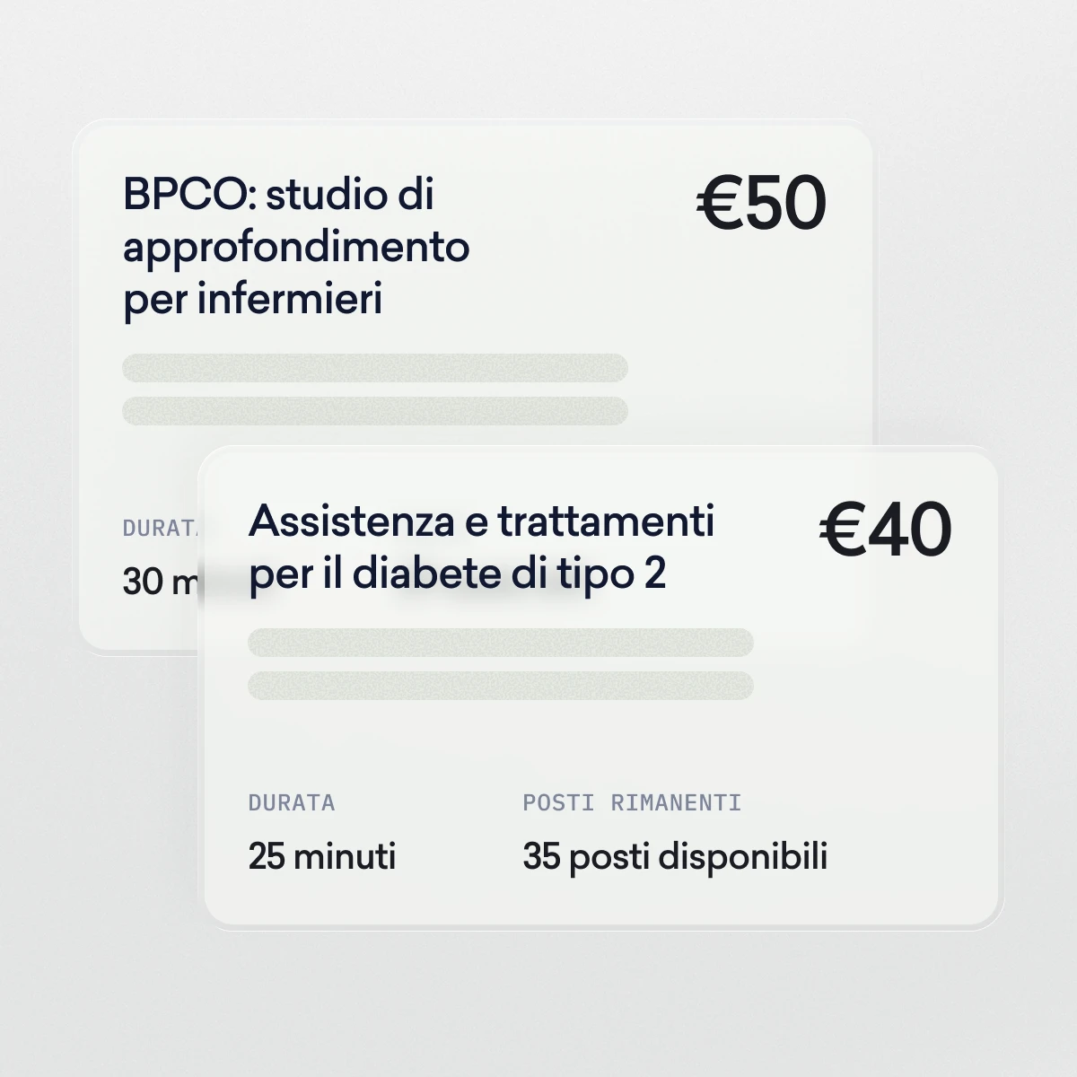 Due schede informative sovrapposte in italiano elencano sessioni di formazione a pagamento per gli infermieri: una sulla BPCO a 50 euro (30 minuti), l'altra sulla cura del diabete a 40 euro (25 minuti, 35 posti disponibili).