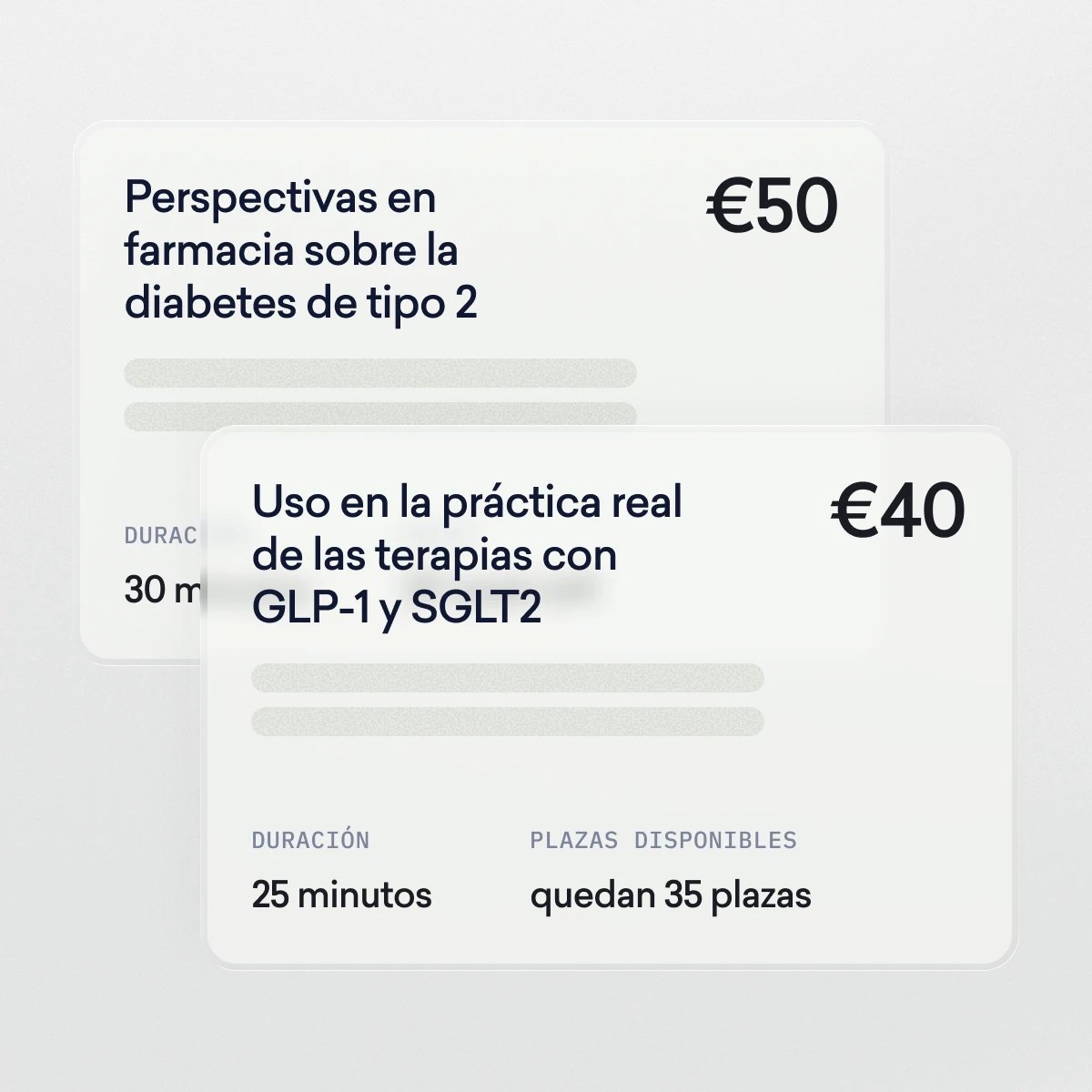 Dos tarjetas informativas muestran detalles y precios de los cursos de diabetes en farmacia para Farmacéuticos: uno cuesta 50 euros por 30 minutos, el otro 40 euros por 25 minutos, con 35 plazas disponibles.