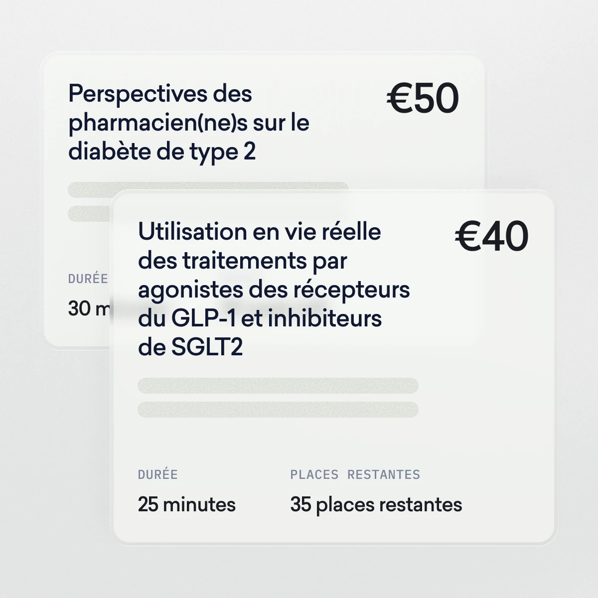 Deux cartes superposées affichent des informations en français sur les sessions de formation médicale avec les prix (50 € et 40 €), les durées (30 et 25 minutes) et les places disponibles (35 restantes).