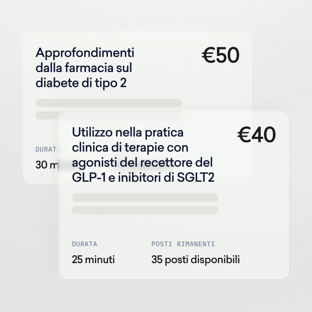 Due schede informative in italiano riportano i dettagli e i prezzi dei corsi medici sul diabete di tipo 2 (50 euro) e sulle terapie GLP-1/SGLT2 (40 euro), compresi durata e disponibilità.