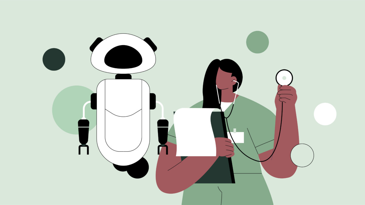 A healthcare worker holds a clipboard and stethoscope, standing beside a robot with two arms, symbolizing the integration of AI in nursing, against a background with abstract circles.