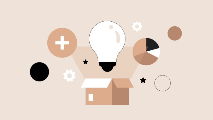 Illustration of a light bulb emerging from an open box, surrounded by icons—including a pie chart, plus sign, gears, and circles—symbolizing innovative healthcare business ideas on a beige background.