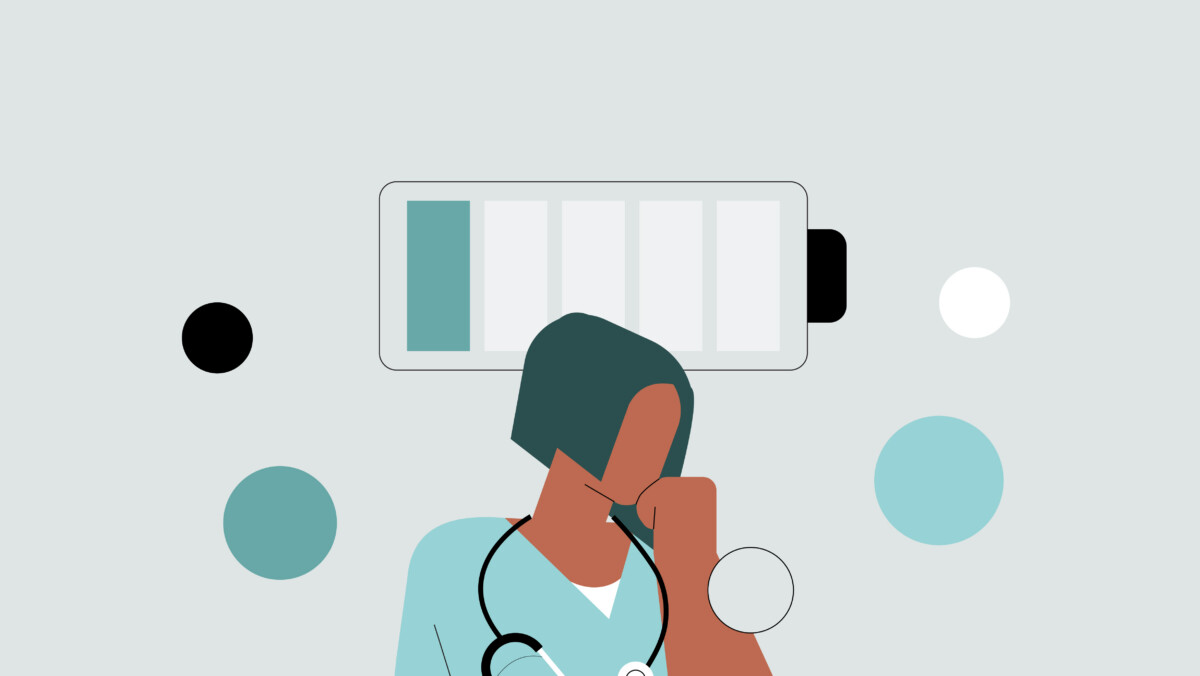 Illustration of a tired healthcare worker with a low battery icon above their head, symbolizing exhaustion or nurse burnout.