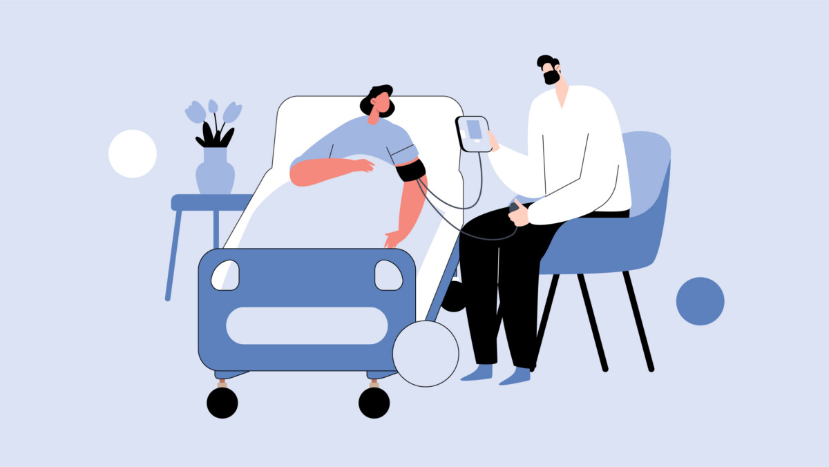 Illustration of a person lying in a hospital bed receiving outpatient care, as a healthcare professional seated next to them checks their blood pressure.