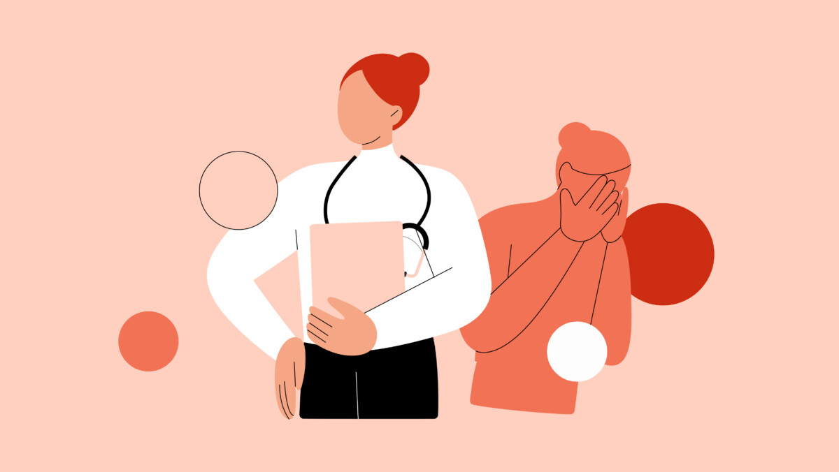 Illustration einer medizinischen Fachkraft, die eine Mappe mit einem Stethoskop um den Hals hält, neben einer Person, die ihr Gesicht in Not verdeckt, was das Impostersyndrom in der Medizin verdeutlicht.