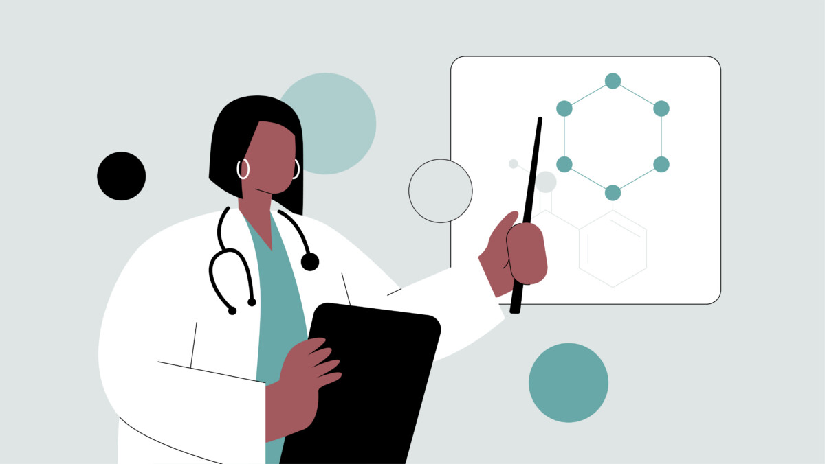 Illustration of a medical preceptor holding a clipboard and pointing to a molecular diagram on a whiteboard.