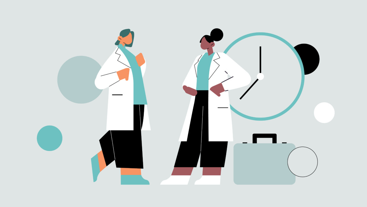 Two people in lab coats stand talking in front of a large clock and a briefcase, reflecting on the differences between per diem vs locum tenens roles, with abstract circular shapes in the background.